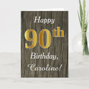 Faux Wood, Faux Gold 90th Birthday + Custom Name Card