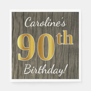 Faux Wood, Faux Gold 90th Birthday + Custom Name Napkin