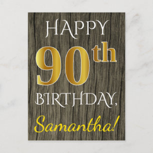 Faux Wood, Faux Gold 90th Birthday + Custom Name Postcard