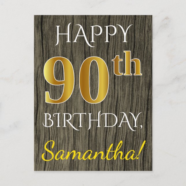 Faux Wood, Faux Gold 90th Birthday + Custom Name Postcard (Front)