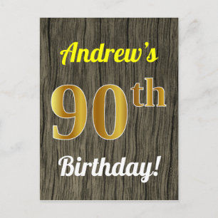 Faux Wood, Faux Gold 90th Birthday & Custom Name Postcard