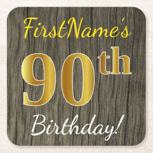 Faux Wood, Faux Gold 90th Birthday + Custom Name Square Paper Coaster