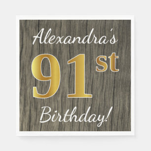 Faux Wood, Faux Gold 91st Birthday + Custom Name Napkin