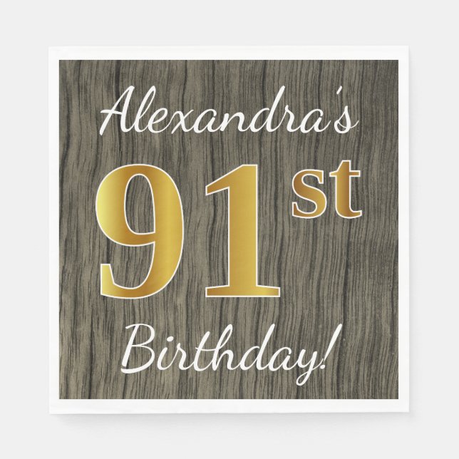 Faux Wood, Faux Gold 91st Birthday + Custom Name Napkin (Front)