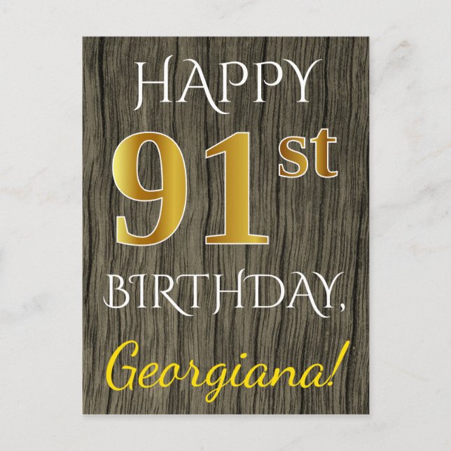 Faux Wood, Faux Gold 91st Birthday + Custom Name Postcard (Front)