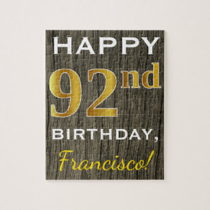 Faux Wood, Faux Gold 92nd Birthday + Custom Name Jigsaw Puzzle