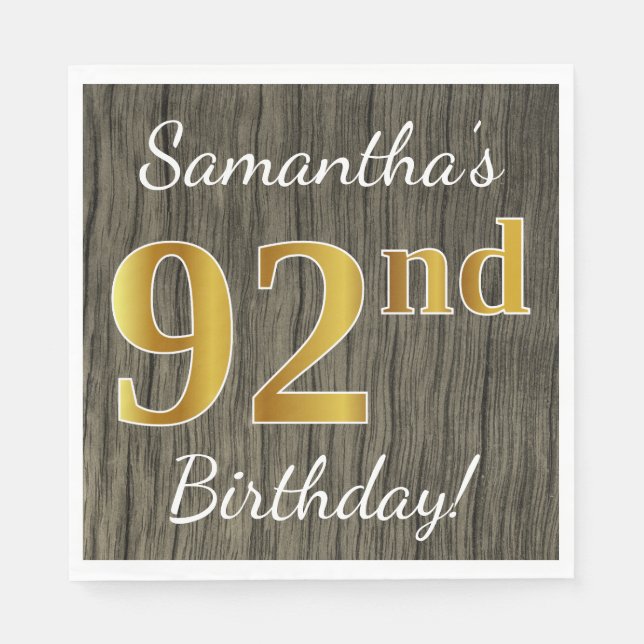 Faux Wood, Faux Gold 92nd Birthday + Custom Name Napkin (Front)