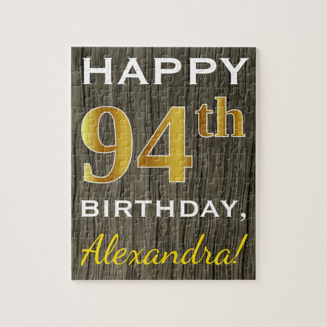 Faux Wood, Faux Gold 94th Birthday + Custom Name Jigsaw Puzzle (Vertical)