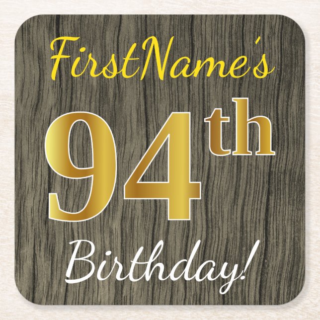 Faux Wood, Faux Gold 94th Birthday + Custom Name Square Paper Coaster (Front)