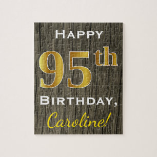 Faux Wood, Faux Gold 95th Birthday + Custom Name Jigsaw Puzzle