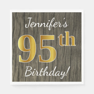 Faux Wood, Faux Gold 95th Birthday + Custom Name Napkin