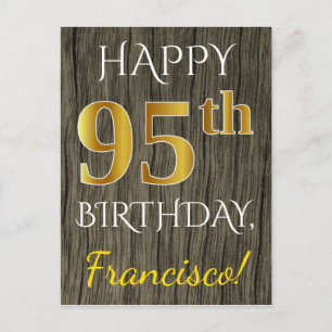 Faux Wood, Faux Gold 95th Birthday + Custom Name Postcard