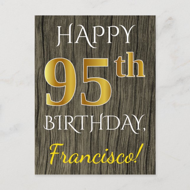 Faux Wood, Faux Gold 95th Birthday + Custom Name Postcard (Front)