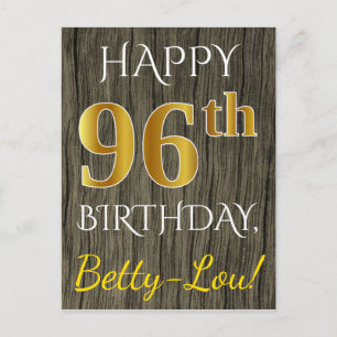 Faux Wood, Faux Gold 96th Birthday + Custom Name Postcard