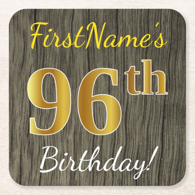 Faux Wood, Faux Gold 96th Birthday + Custom Name Square Paper Coaster (Front)