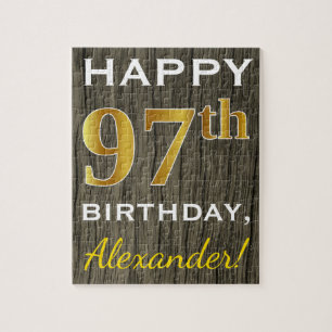 Faux Wood, Faux Gold 97th Birthday + Custom Name Jigsaw Puzzle