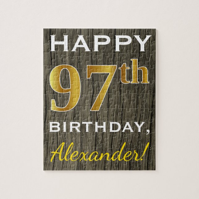 Faux Wood, Faux Gold 97th Birthday + Custom Name Jigsaw Puzzle (Vertical)