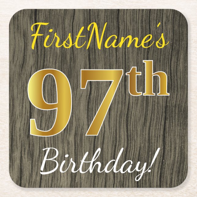 Faux Wood, Faux Gold 97th Birthday + Custom Name Square Paper Coaster (Front)