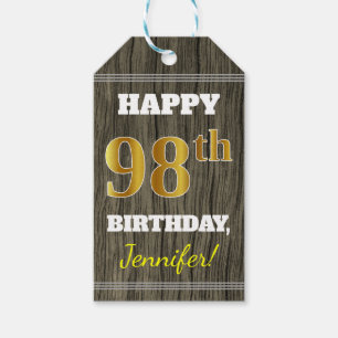 Faux Wood, Faux Gold 98th Birthday + Custom Name Gift Tags