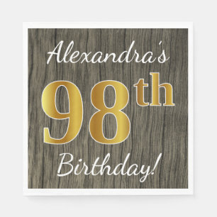 Faux Wood, Faux Gold 98th Birthday + Custom Name Napkin