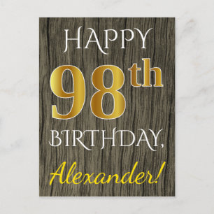Faux Wood, Faux Gold 98th Birthday + Custom Name Postcard