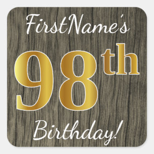 Faux Wood, Faux Gold 98th Birthday + Custom Name Square Sticker