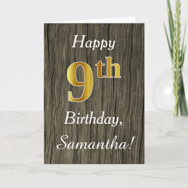 Faux Wood, Faux Gold 9th Birthday + Custom Name Card (Front)
