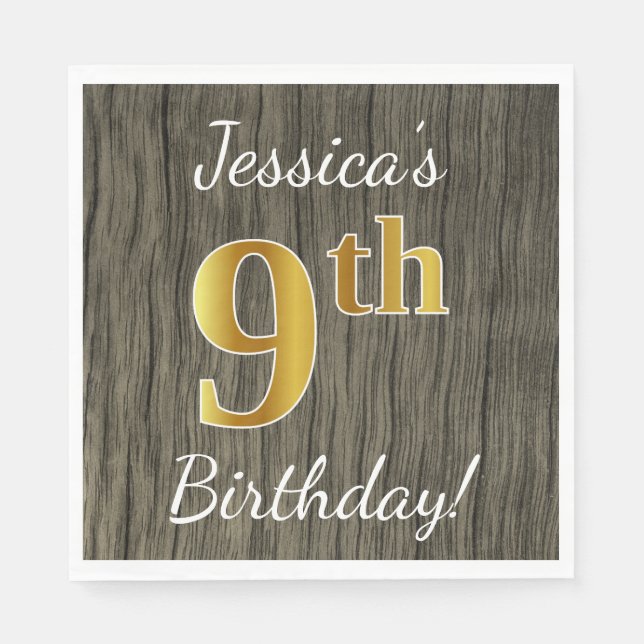 Faux Wood, Faux Gold 9th Birthday + Custom Name Napkin (Front)