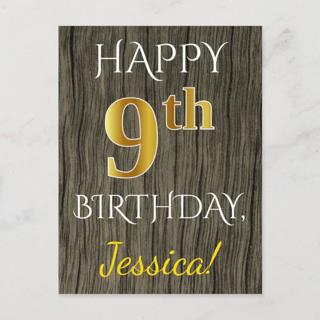 Faux Wood, Faux Gold 9th Birthday + Custom Name Postcard (Front)
