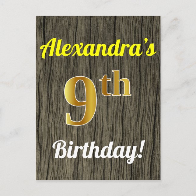 Faux Wood, Faux Gold 9th Birthday & Custom Name Postcard (Front)