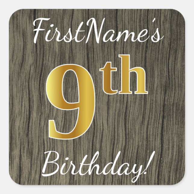Faux Wood, Faux Gold 9th Birthday + Custom Name Square Sticker (Front)