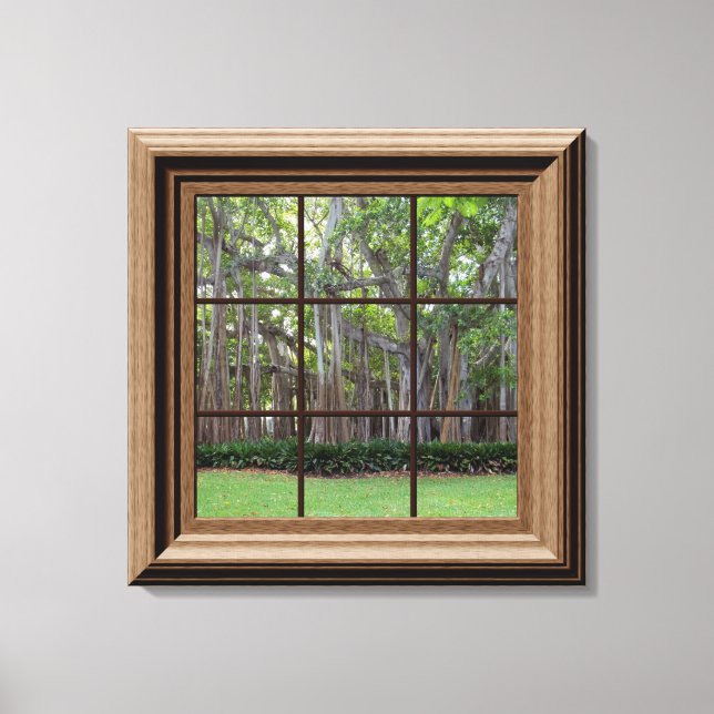 Faux Wood Framed Window View of Trees Canvas Art (Front)
