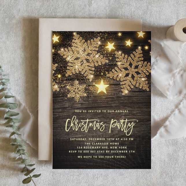 Faux Wood Gold Glitter Snowflakes Christmas Party Invitation (Creator Uploaded)