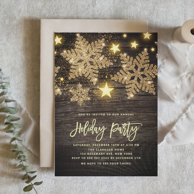 Faux Wood Gold Glitter Snowflakes Holiday Party Invitation (Creator Uploaded)