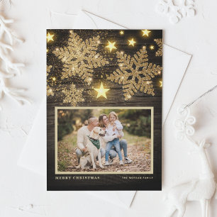 Faux Wood Gold Glitter Snowflakes Photo Christmas Holiday Card