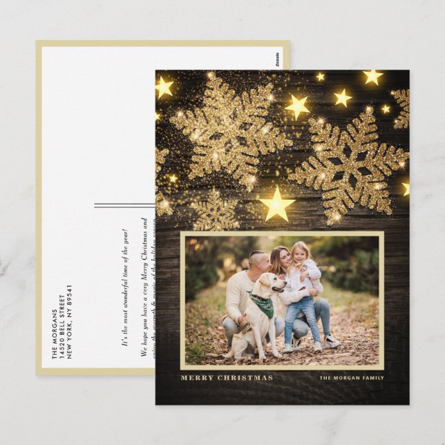Faux Wood Gold Glitter Snowflakes Photo Christmas Holiday Postcard (Front/Back)