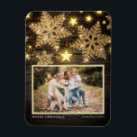 Faux Wood Gold Glitter Snowflakes Photo Christmas Magnet<br><div class="desc">Celebrate the holiday spirit with our customisable photo Christmas magnet! Perfect for capturing your favourite festive moments, this magnet allows you to create a unique keepsake that showcases your family’s joy and love during the holiday season. It features gold glitter snowflakes and stars on a faux wood background. Personalise by...</div>