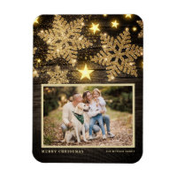 Faux Wood Gold Glitter Snowflakes Photo Christmas