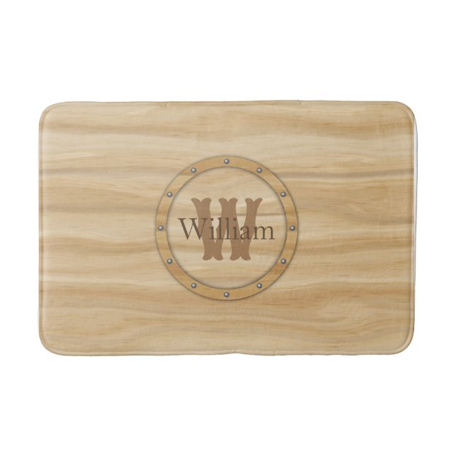Faux Wood Grain Monogram Bath Mat (Front)