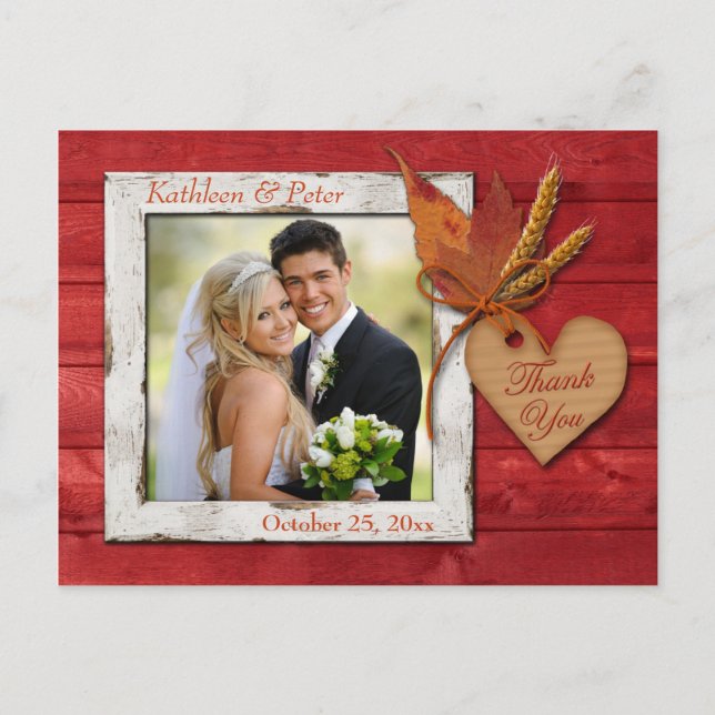 FAUX Wood, Leaves, Heart Thank You Post Card (Front)