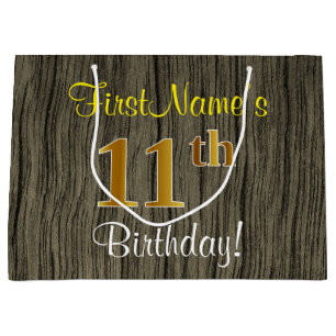 Faux Wood Look, Faux Gold 11th Birthday + Name Large Gift Bag