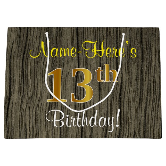 Faux Wood Look, Faux Gold 13th Birthday + Name Large Gift Bag (Front)