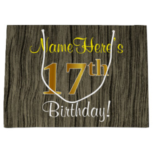 Faux Wood Look, Faux Gold 17th Birthday + Name Large Gift Bag