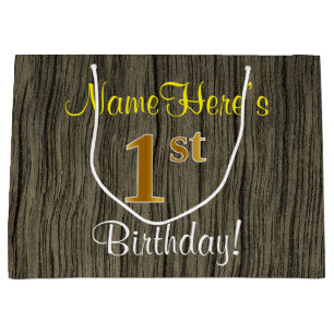 Faux Wood Look, Faux Gold 1st Birthday + Name Large Gift Bag