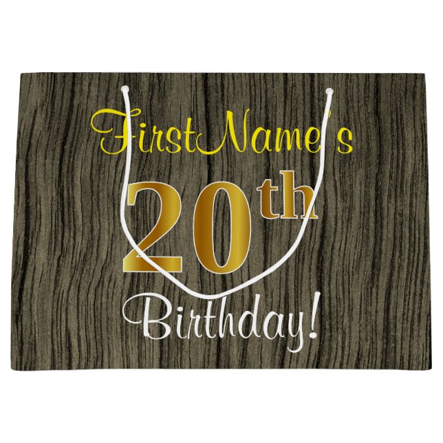 Faux Wood Look, Faux Gold 20th Birthday + Name Large Gift Bag (Front)