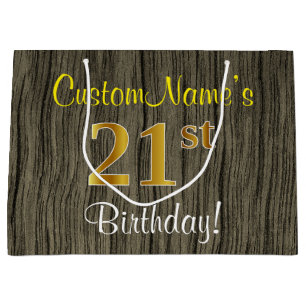 Faux Wood Look, Faux Gold 21st Birthday + Name Large Gift Bag