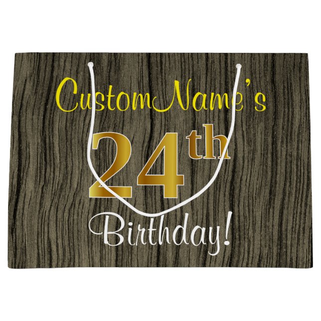 Faux Wood Look, Faux Gold 24th Birthday + Name Large Gift Bag (Front)
