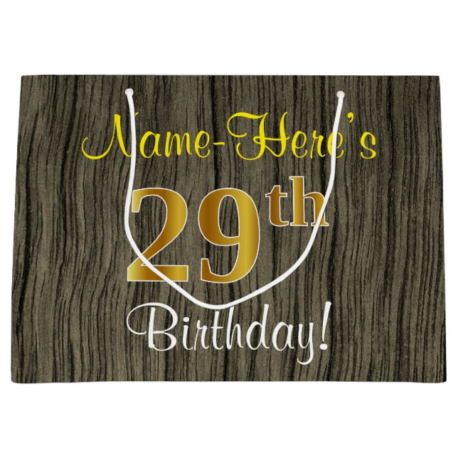 Faux Wood Look, Faux Gold 29th Birthday + Name Large Gift Bag (Front)