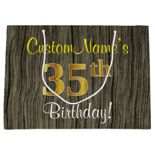 Faux Wood Look, Faux Gold 35th Birthday + Name Large Gift Bag