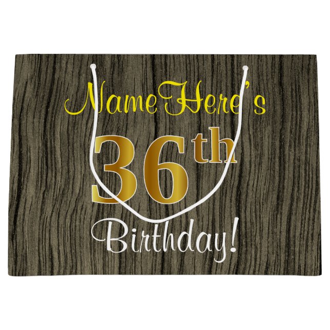 Faux Wood Look, Faux Gold 36th Birthday + Name Large Gift Bag (Front)